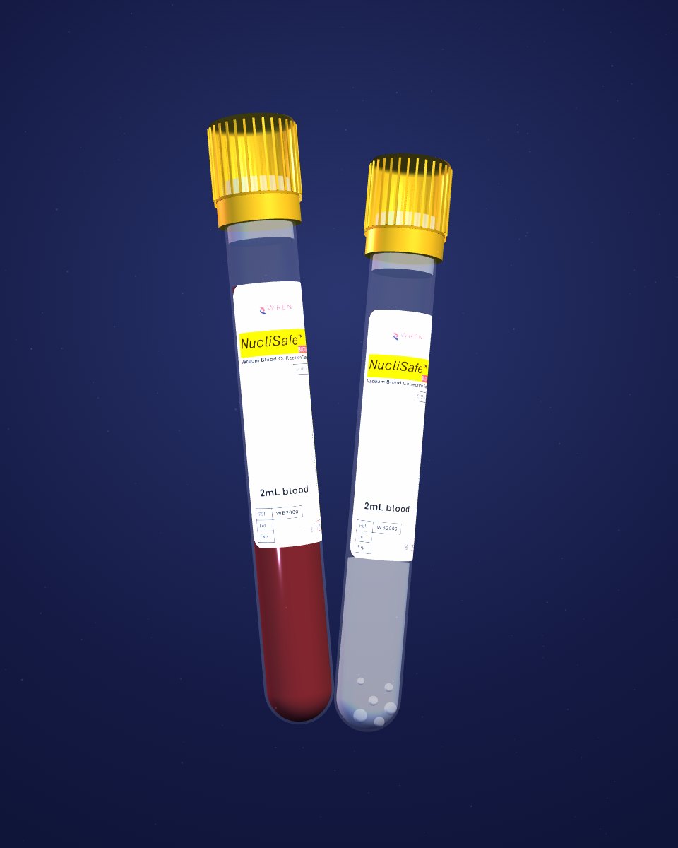 3D render of Wren’s NucliSafe™ blood collection tubes: one with whole blood, one with stabilization buffer